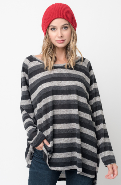 Shop for Black Hi Lo Long Sleeve Dolman Striped Sweater Tunic on Caralase.com