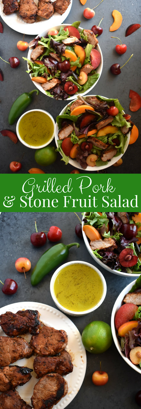 Grilled Pork Tenderloin and Stone Fruit Salad features marinated, flavorful grilled pork, peaches, cherries, plums, apricots and a jalapeno honey lime vinaigrette. www.nutritionistreviews.com