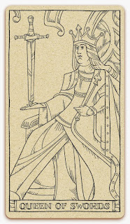 Queen of Swords card - inked illustration - In the spirit of the Marseille tarot - minor arcana - design and illustration by Cesare Asaro - Curio & Co. (Curio and Co. OG - www.curioandco.com)