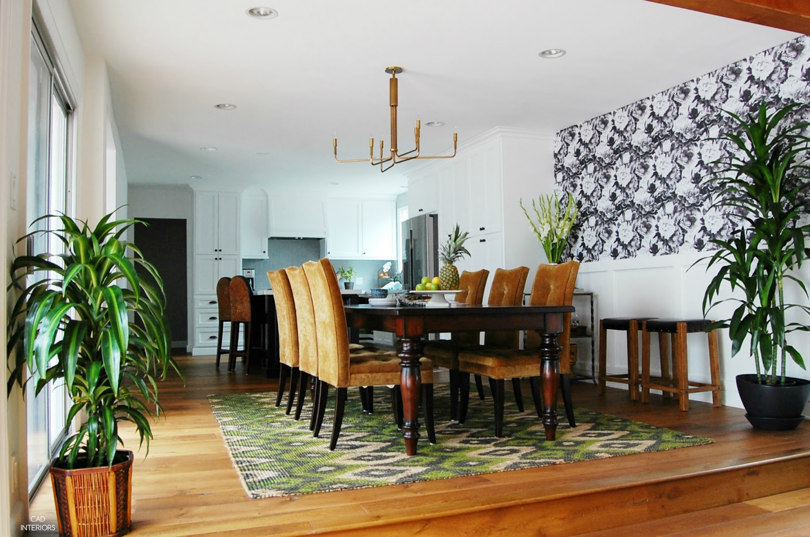 mid century modern farmhouse dining room interior design one room challenge floral wallpaper jute rug
