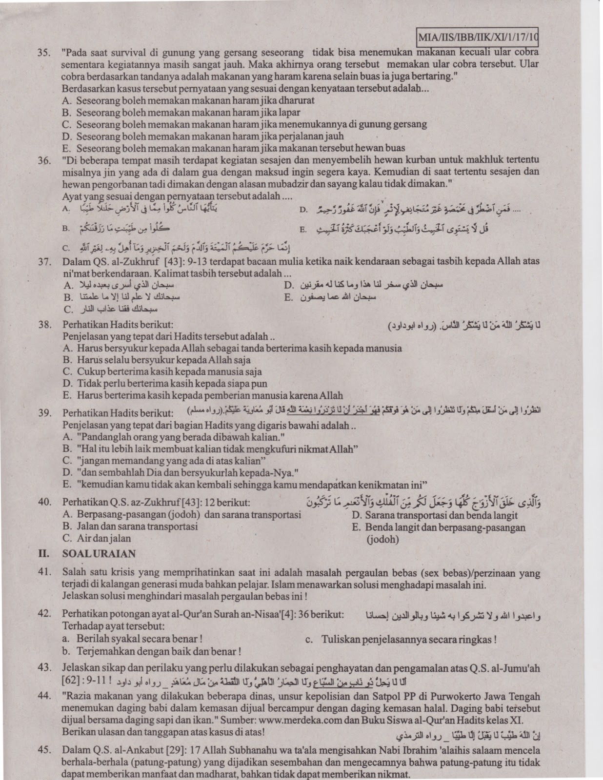 Contoh soal Fiqih Kelas 1 Sd