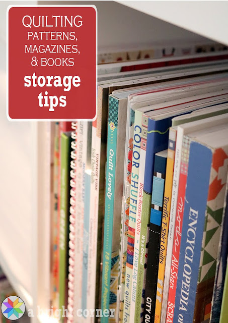 Sewing Room organization tips for storing quilt patterns, magazines, and books from A Bright Corner