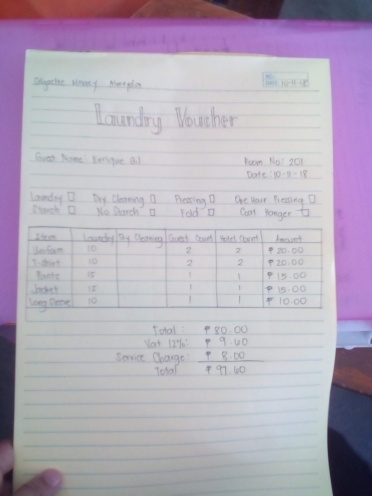 Glygly's Housekeeping LAUNDRY VOUCHER