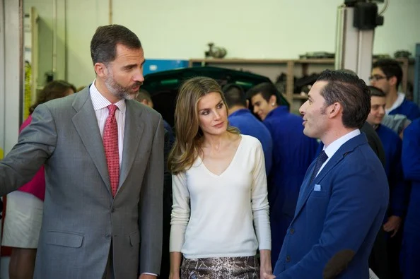 Crown Princess Letizia of Spain attend the Professinal Training opening. Letizia wore Hugo Boss skirt, Mango earrings