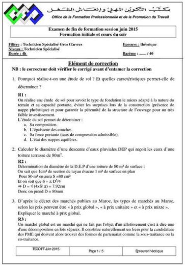 Corrigé de l'examen de fin de formation théorique juin 2015 TSGO Technicien Supérieur Gros Oeuvre ( OFPPT MAROC) cours du soir.