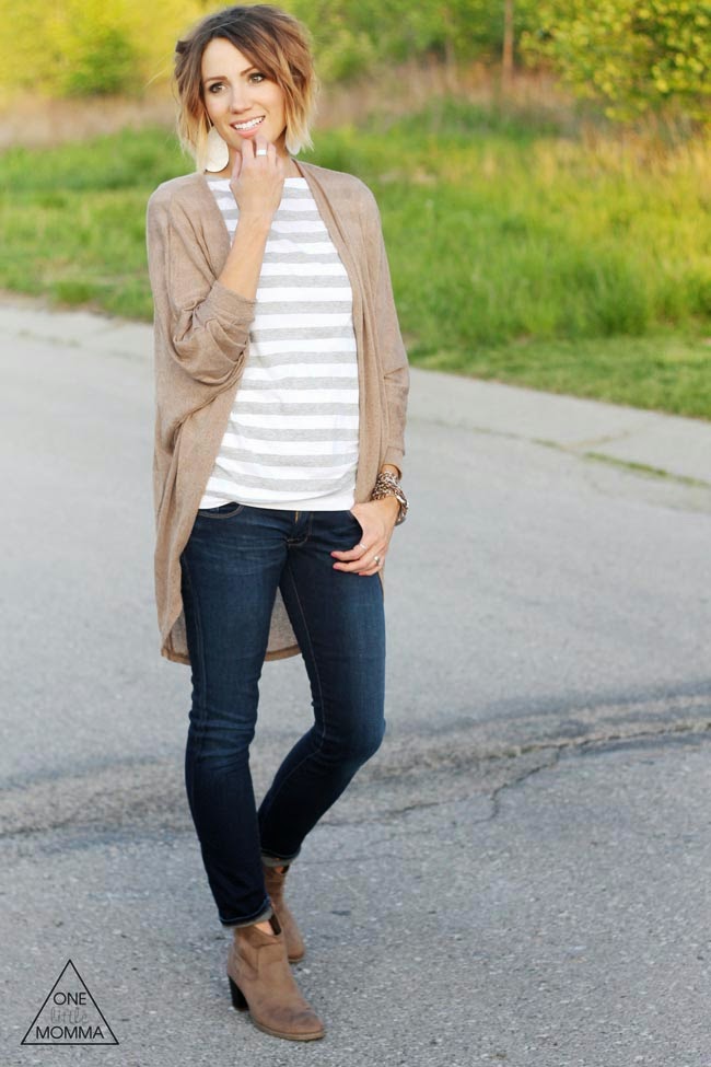 Neutral, solid kimono paired with stripes, dark denim and ankle boots