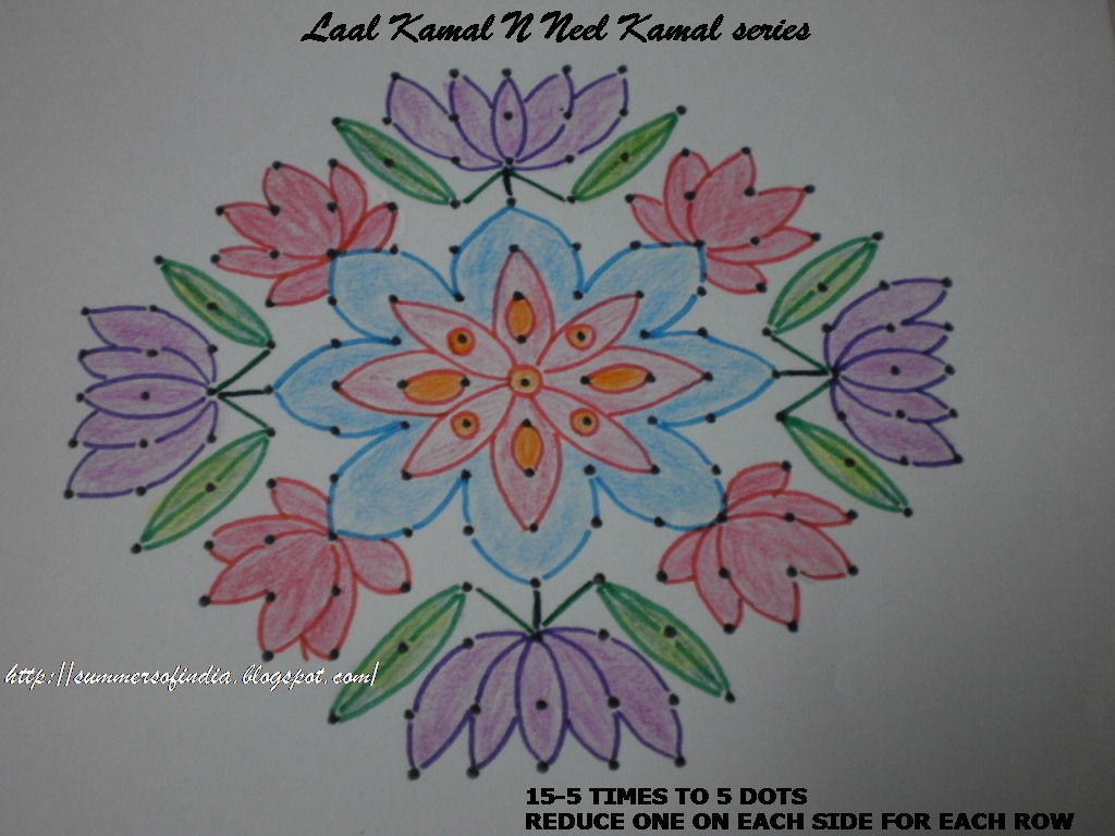 For this Rangoli, place 15 dots- 5 rows, then leaving one dot on each ...