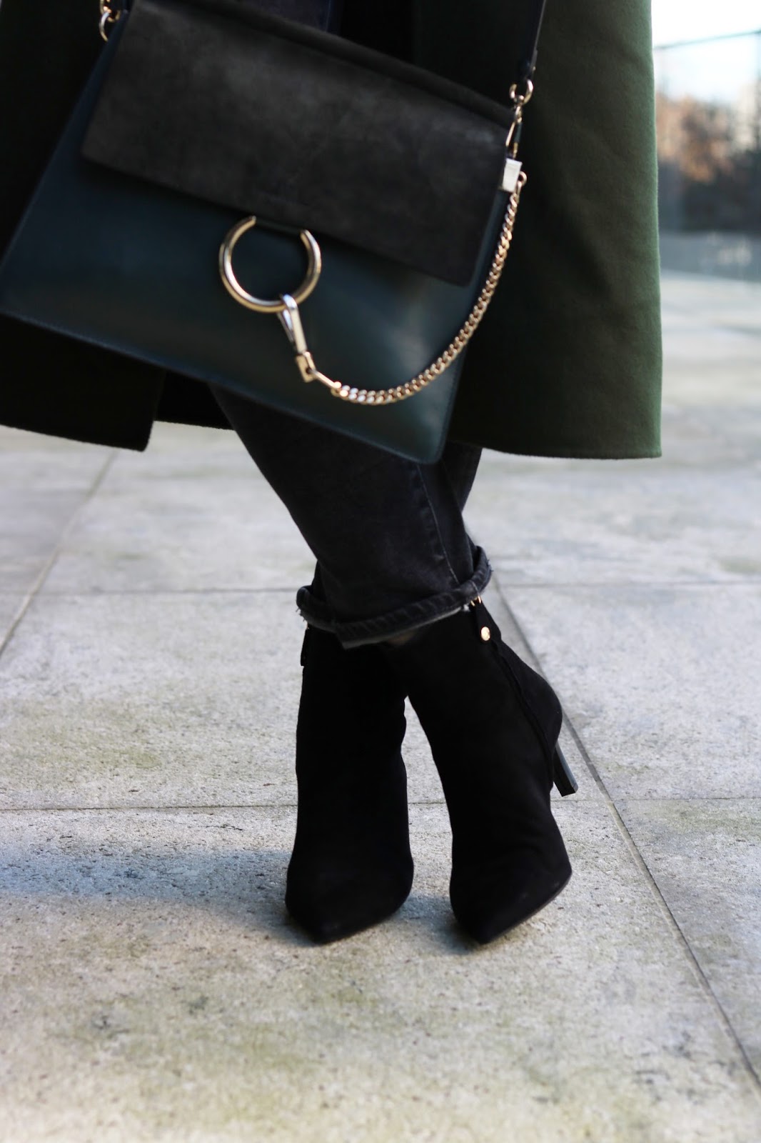 le chateau turtleneck outfit sandro green wool coat levis wedgie jeans geox ankle boots chloe faye bag