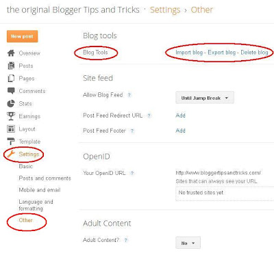 Blogger Dashboard Settings Other Delete blog