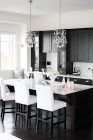 Black Kitchen Cabinets with white countertops and chandeliers :: OrganizingMadeFun.com