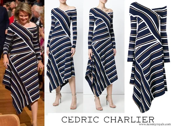 Queen Mathilde wore CEDRIC CHARLIER Asymmetric Striped Metallic Knitted Midi Dress