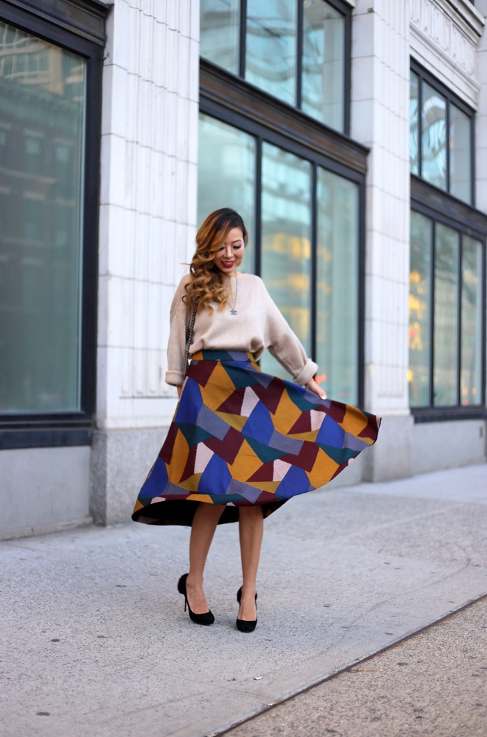 Chiciwsh ribbon bow knot top, chicwish color block mid skirt, chanel necklace, chanel boy bag, christian louboutin heels, fashion blog, holiday outfit, holiday skirt