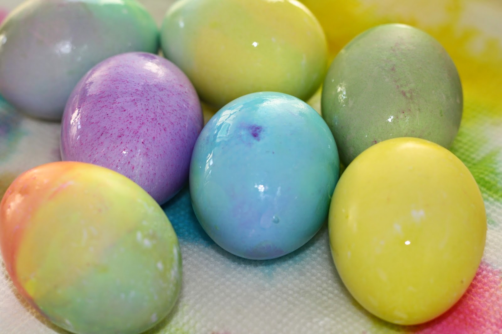 just-dyed and still-wet Easter eggs on a paper towel