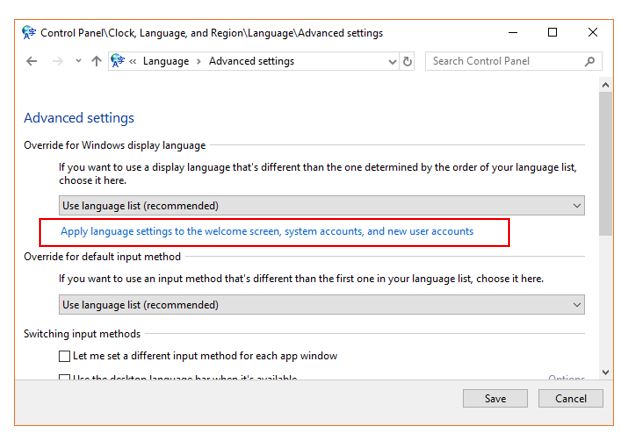Additional settings of windows 10 to change the default language to hindi