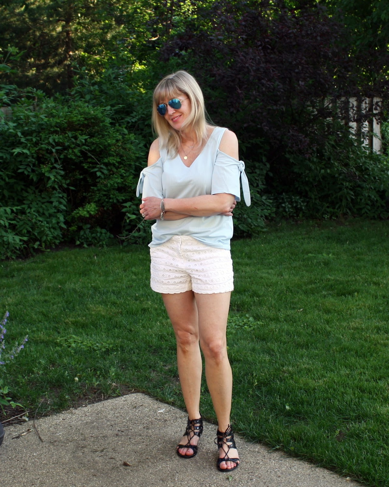 Cold Shoulder Top + White Eyelet Shorts