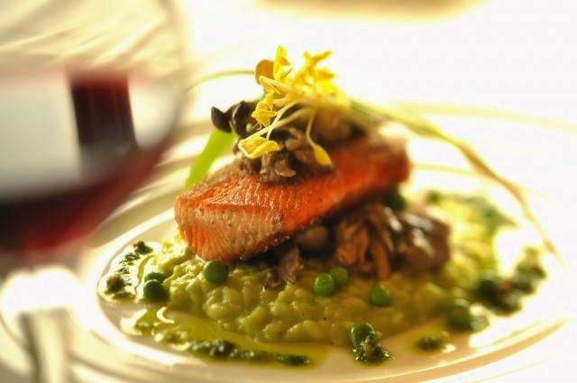 Salmon and English Pea Risotto with Spring Ramps- California Grill Salmon and English Pea Risotto with Spring Ramps- California Grill