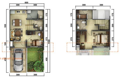 Denah rumah minimalis ukuran 6x11 meter 3 kamar tidur 2 lantai