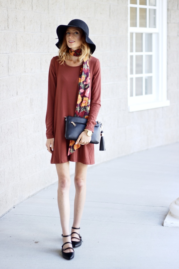 Fall floral neck scarf, shift dress, denim cut offs, Target style,