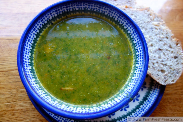 A simple healthy soup of fresh vegetables with plenty of greens, then pureed for smoothness. This soup is gluten and dairy free, and can be made vegan if you like.