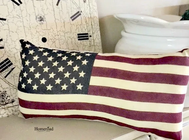 flag pillows and clock