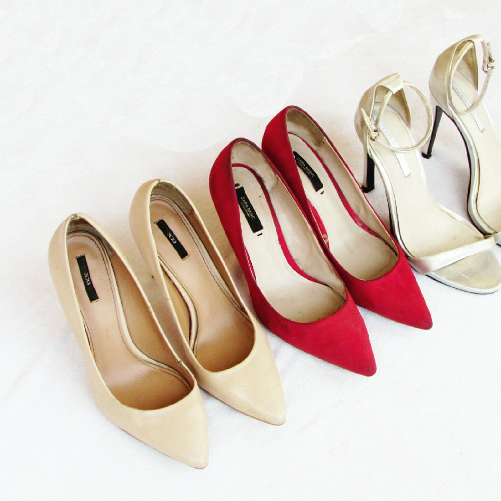 nude pointed pumps, red pumps, silver metallic single sole heels