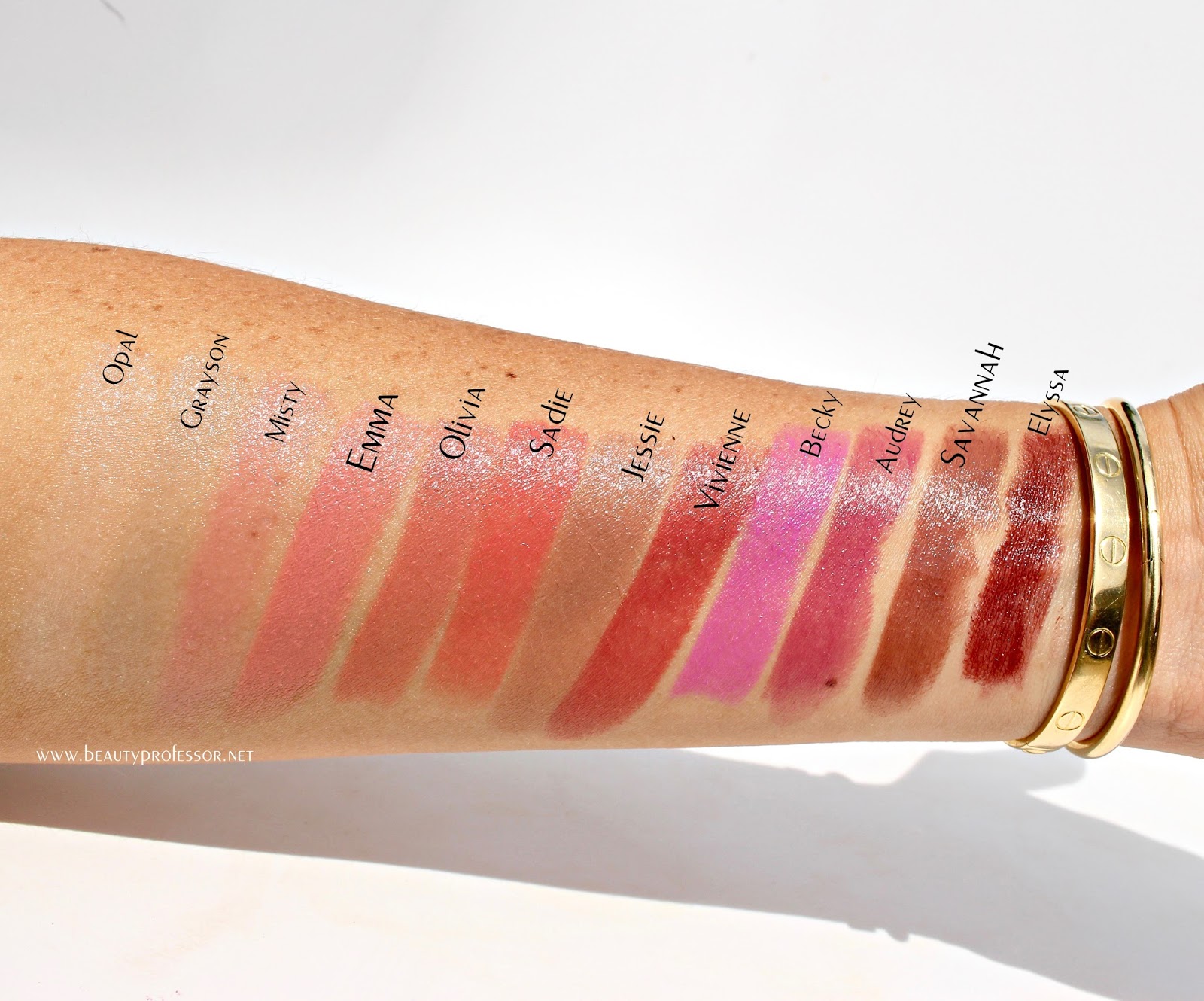 Swatches of the Stila Color Balm Lipstick in direct sunlight. 