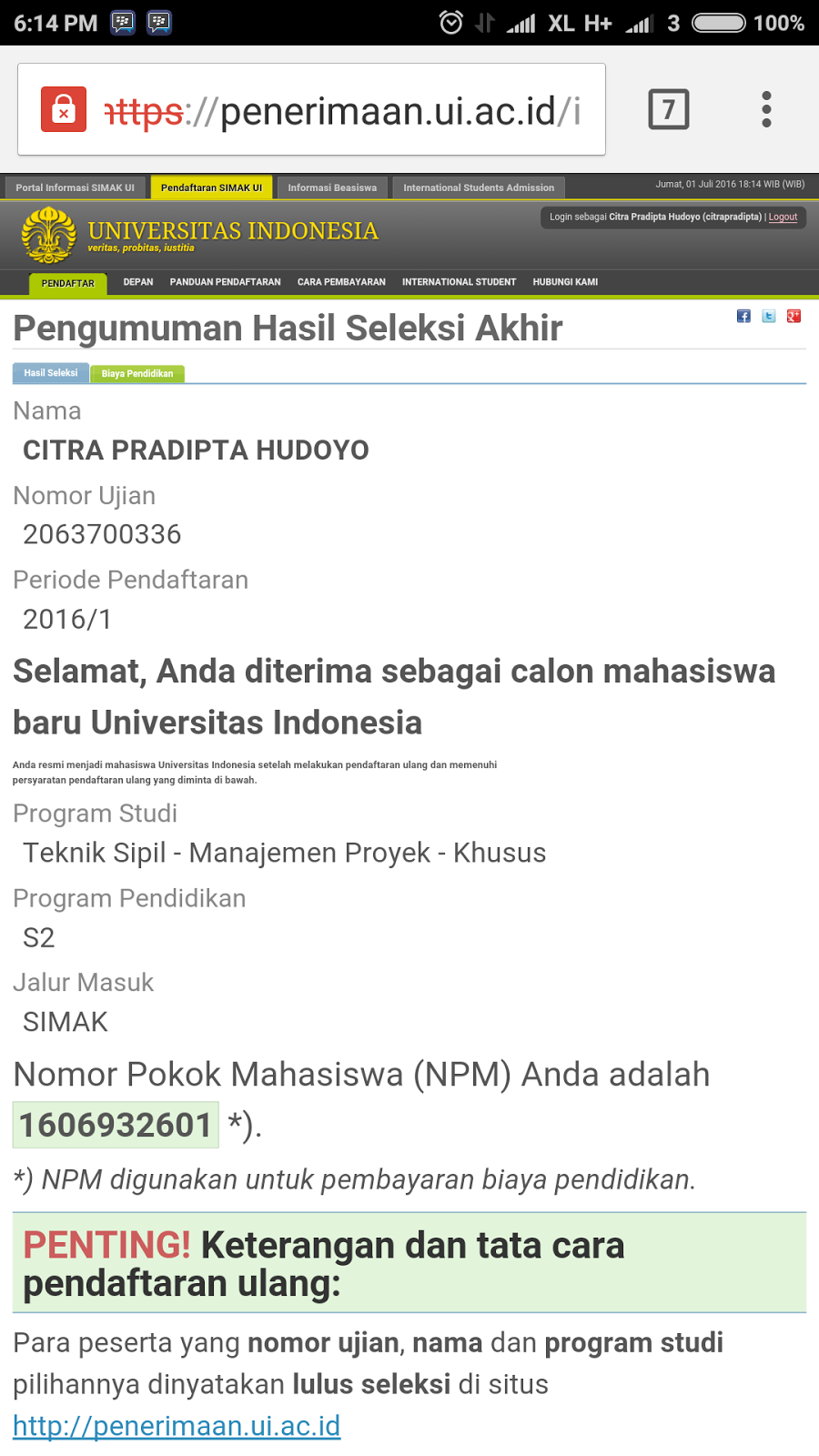 Pengalaman Daftar S2 Magister Universitas Indonesia ( Ui ) - Citra Pradipta | Be Right In The Right Place