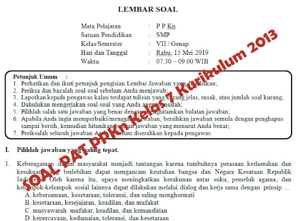 Soal dan Kunci Jawaban PAT PPKn SMP Kelas 7 Kurikulum 2013 Tahun Pelajaran 2018/2019 