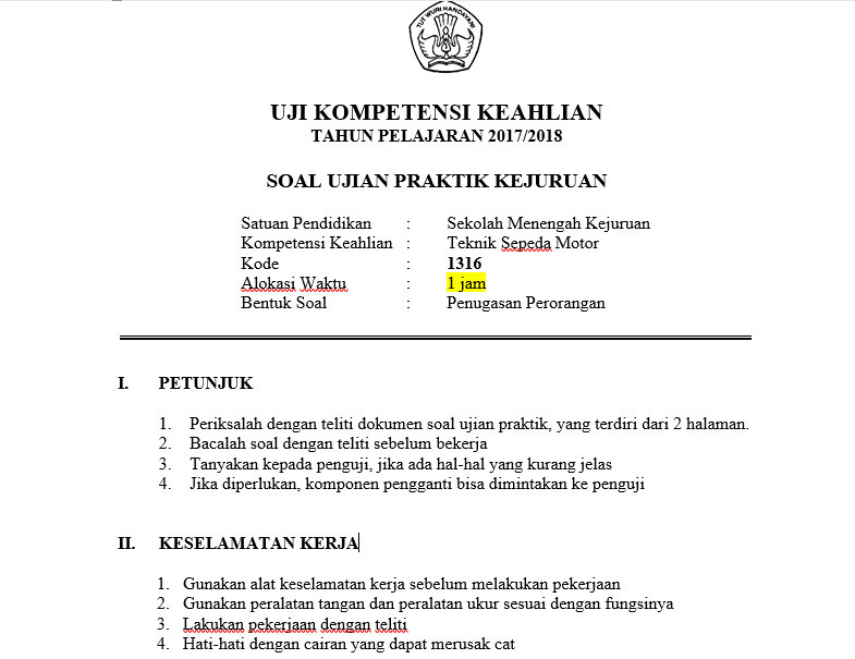 Soal Ukk Teknik Sepeda Motor Tsm Tahun Pelajaran 2017 2018