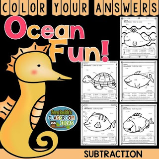 Subtraction Ocean Fun - FIVE Color By Numbers Printables for some Ocean Math Fun in your classroom! Looking for a resource to excite and engage your students? Print this packet, add it to your weekly plans and you're all done. Your students will love working on these skills during seat work, bellwork, center time, small group lessons, morning work, tutoring... they are even perfect for homework! Are your parents asking for extra work for their children? #FernSmithsClassroomIdeas