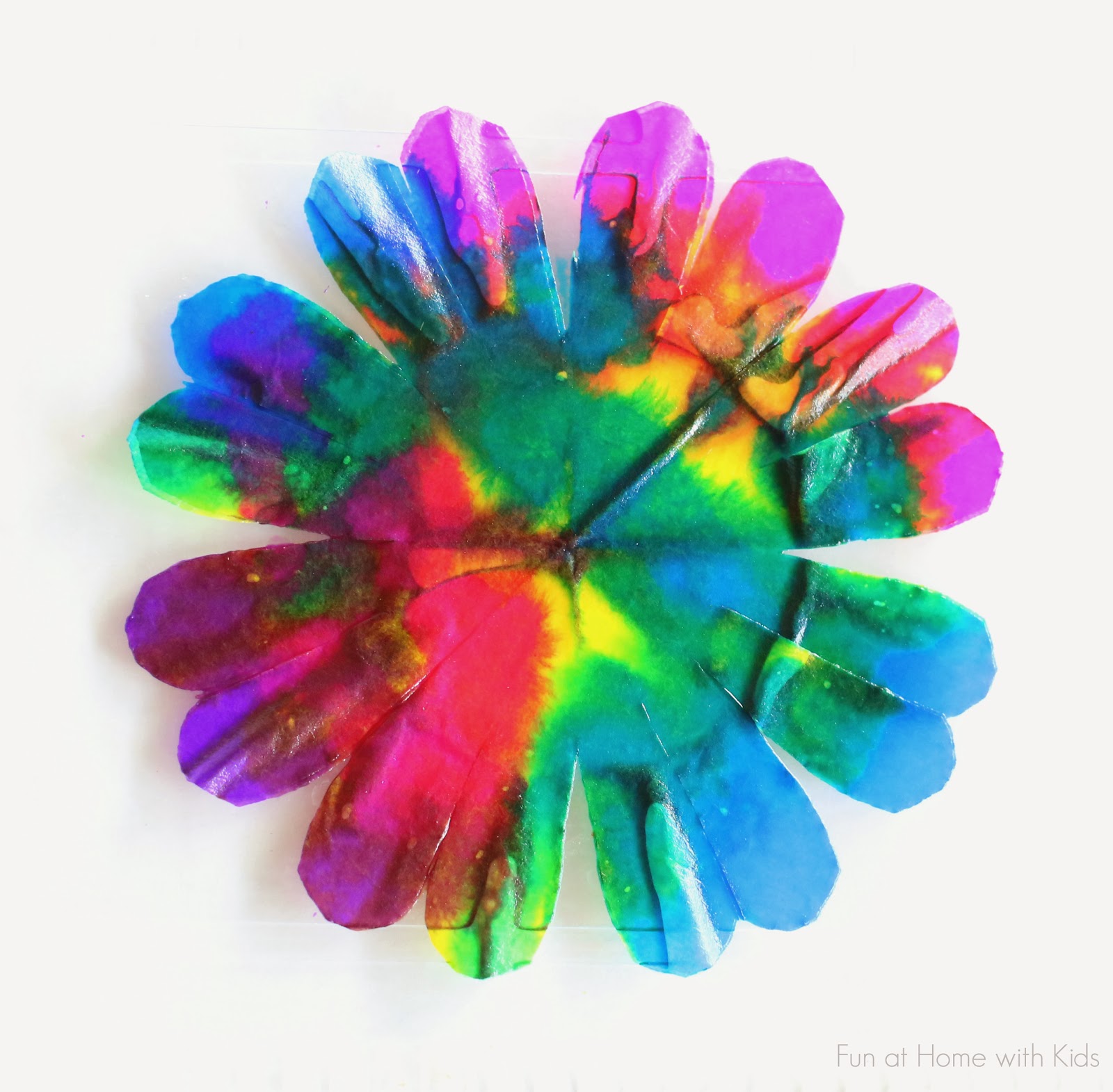 A new technique for making incredibly vibrant and bright coffee filter flowers from Fun at Home with Kids