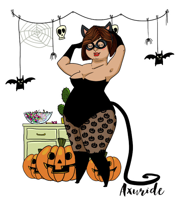 illustration de femme ronde en déguisement de cat-woman, préparation d'une fête pour halloween, avec citrouille chauve souris et tête de mort