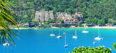 Nai Harn Beach at the south west end with the hotel built into the hill.