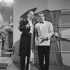 Modugno at the 1958 Eurovision Song Contest with the conductor Alberto Semprini