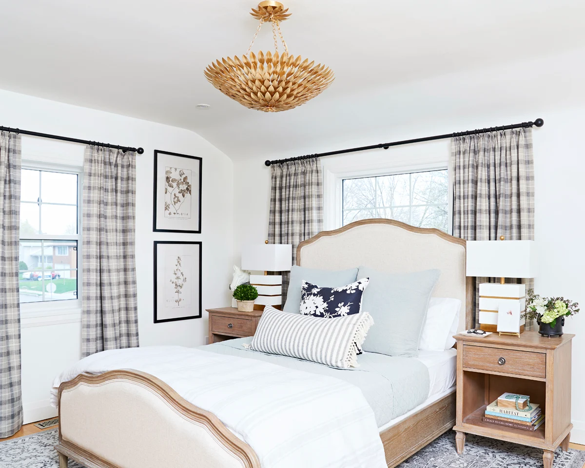 calm neutral master bedroom, Rambling Renovators, plaid curtains, crystorama ceiling fixture, botanical art