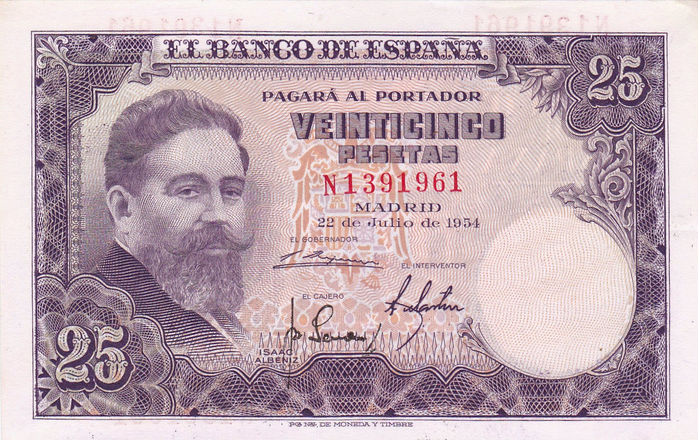 Spain Banknotes 25 Pesetas banknote 1954 Spanish pianist and composer Isaac Albeniz