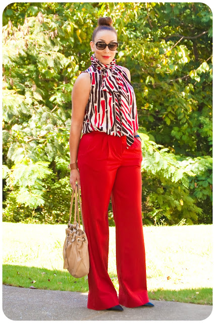 That 70s Style! Vogue 1127 Tie Neck Sleeveless Blouse & Vogue 9032 Red Trousers - Erica Bunker DIY Style!