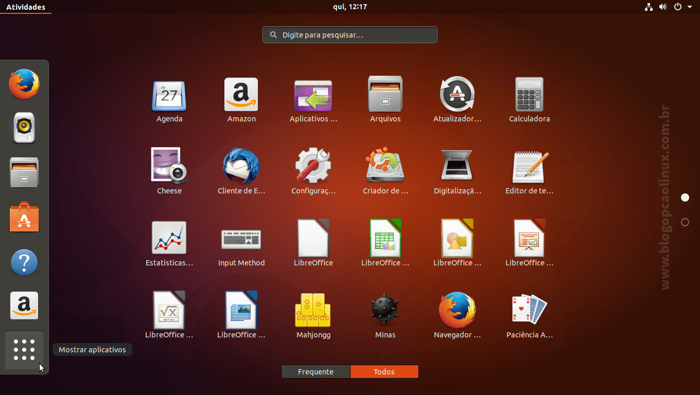 Panorama de Atividades do Ubuntu 17.10, exibindo a dock padrão do GNOME