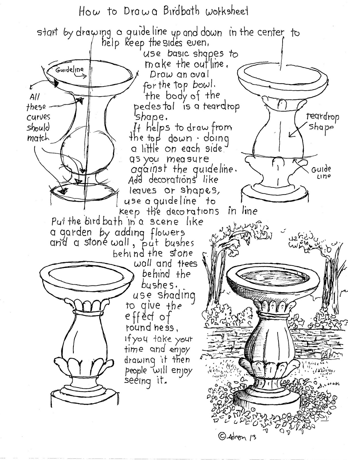How to Draw Worksheets for The Young Artist: How To Draw A Birdbath ...