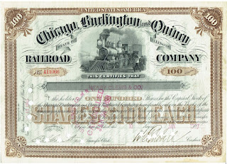 registered stock certificate from the Chicago, Burlington and Quincy Railroad Company, dated 1903