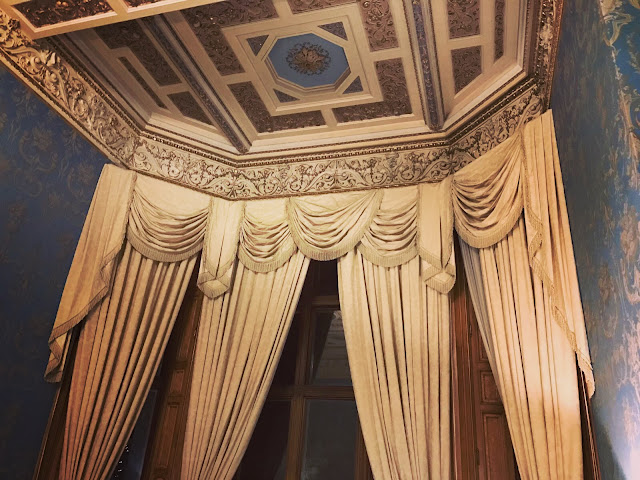 Stunning window treatments in The Blue Room at Thoresby Hall