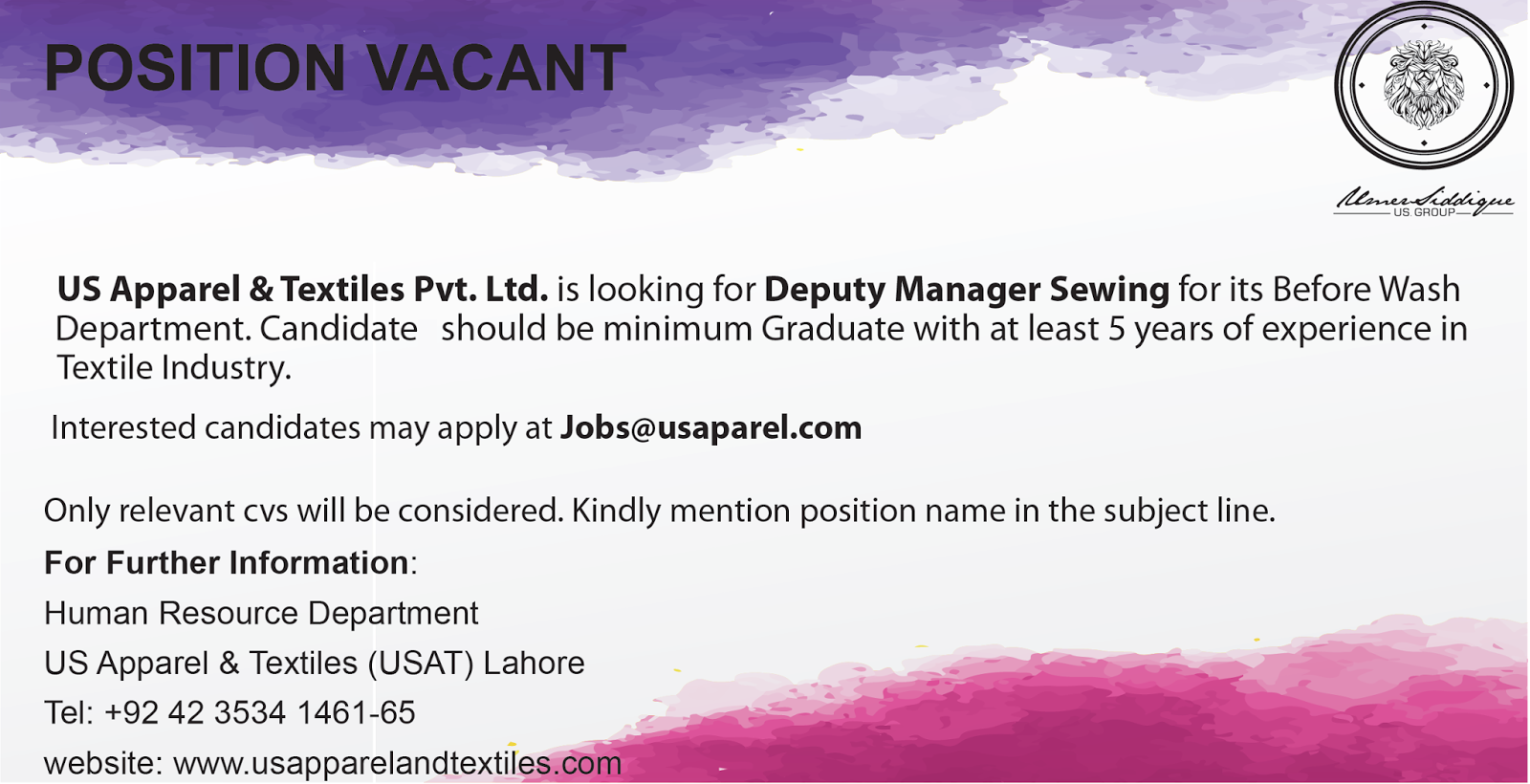 US Apparel & Textile Pvt Ltd Deputy Manager Sewing Apply Online 2017