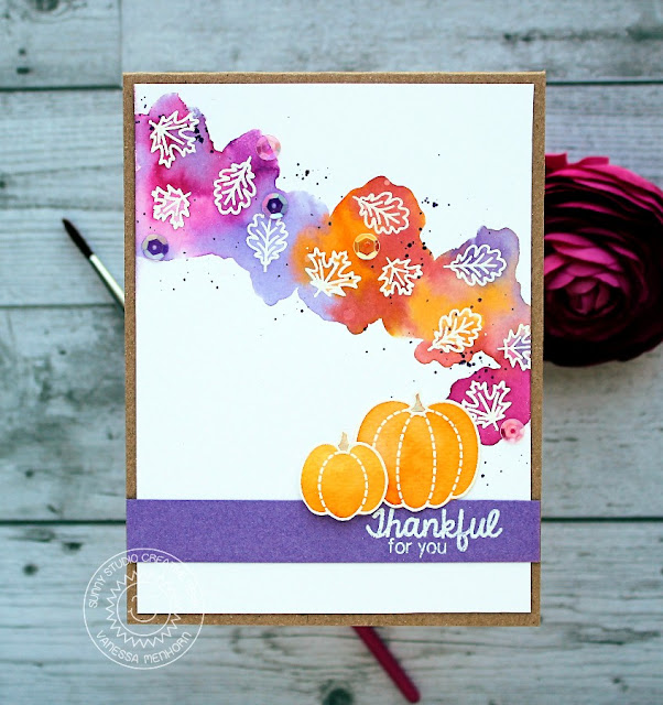 Sunny Studio Stamps: Harvest Happiness Watercolor Fall Leaves & Pumpkin Card by Vanessa Menhorn.