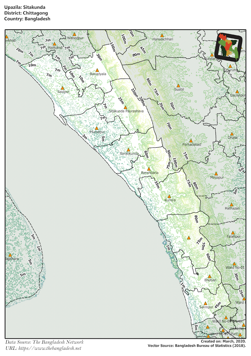 Sitakunda Upazila Elevation Map Chittagong District Bangladesh