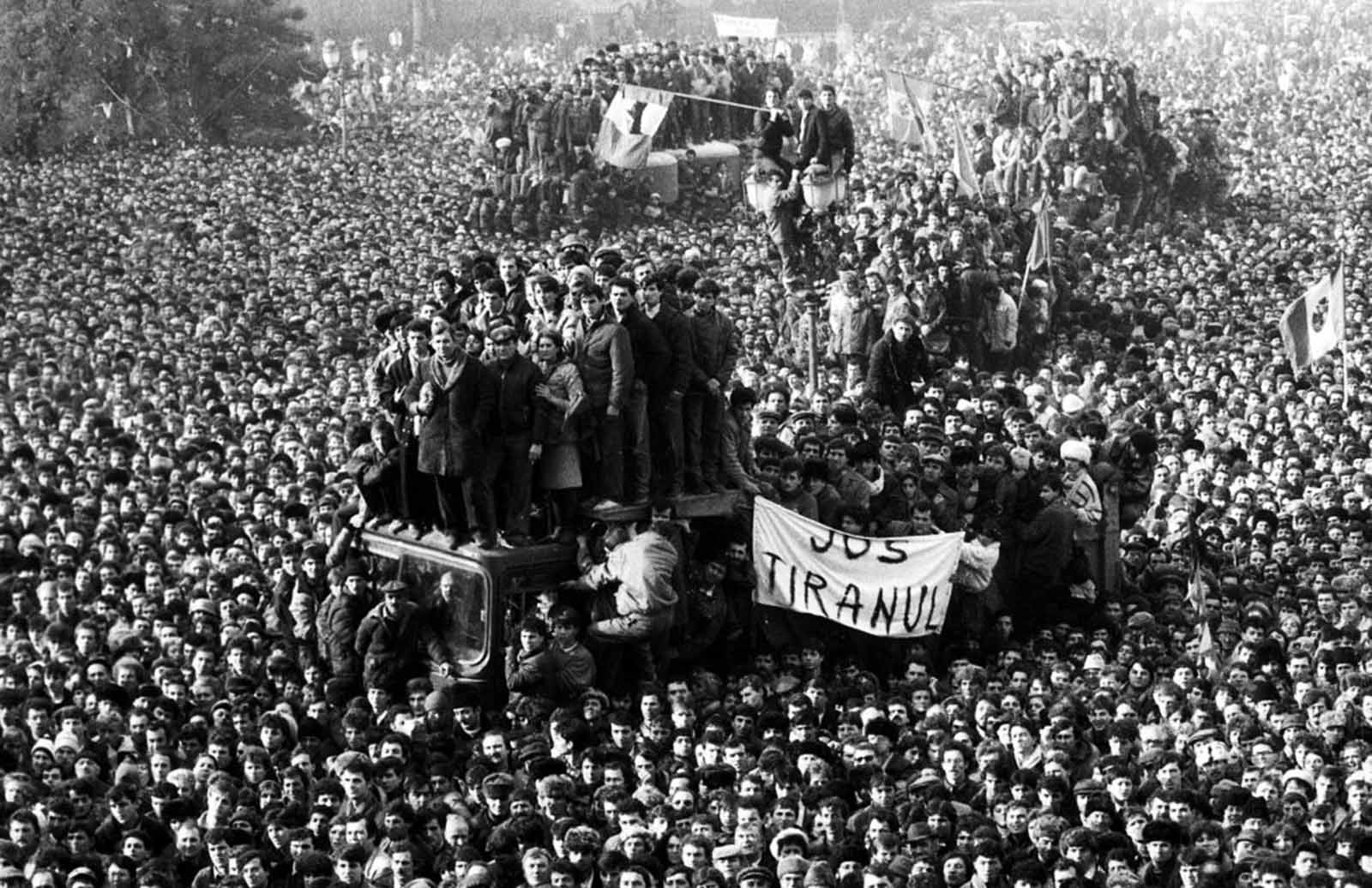 Romanian demonstrators gathered in front of the headquarter of Romanian Communist Party in Bucharest.