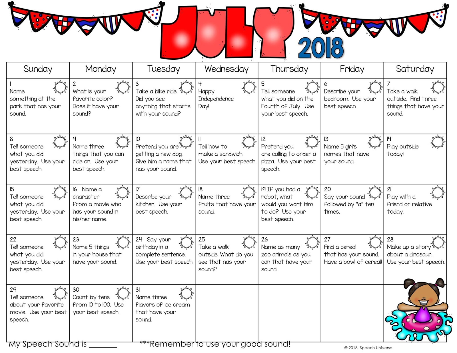 Summer Articulation and Language Calendars My Speech Universe