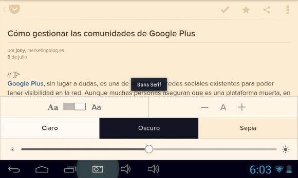 ajustes de lectura de articulos en movil