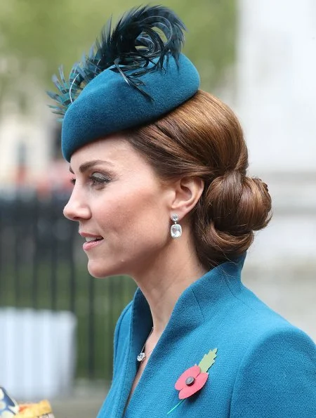 Kate Middleton wore Catherine Walker coat and Emmy London pumps, Kiki McDonough blue topaz diamond earrings