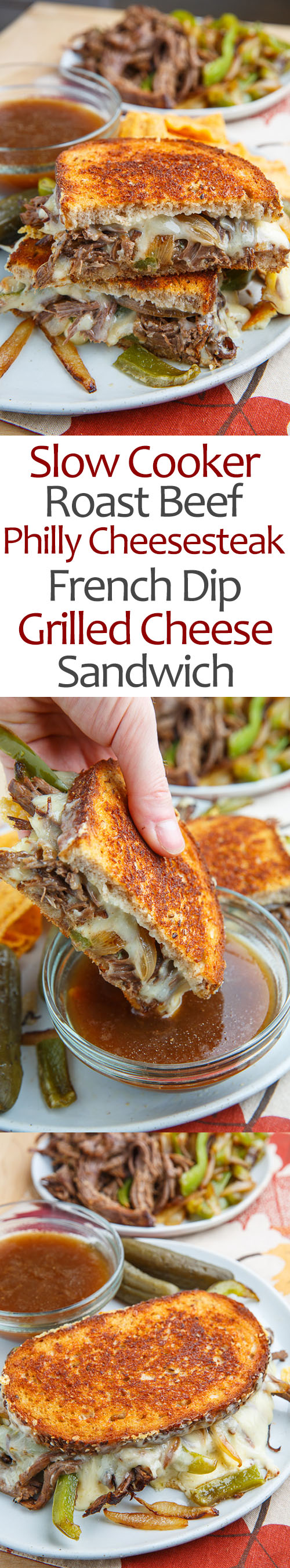 Slow Cooker Roast Beef Philly Cheesesteak French Dip Grilled Cheese