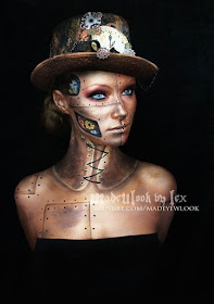 Steampunk special fx makeup video tutorial for gold robot with rivets and fears beneath its skin. makeup idea for men and women, halloween costumes and cosplay